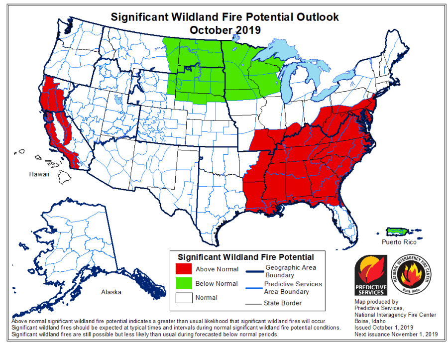 California and the Southeast expected to have above normal wildfire activity